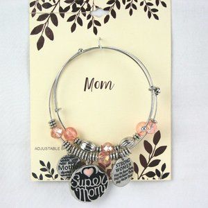 Mom Gift 2 Charm Bracelets Silver-tone Bangle with Pink Beads